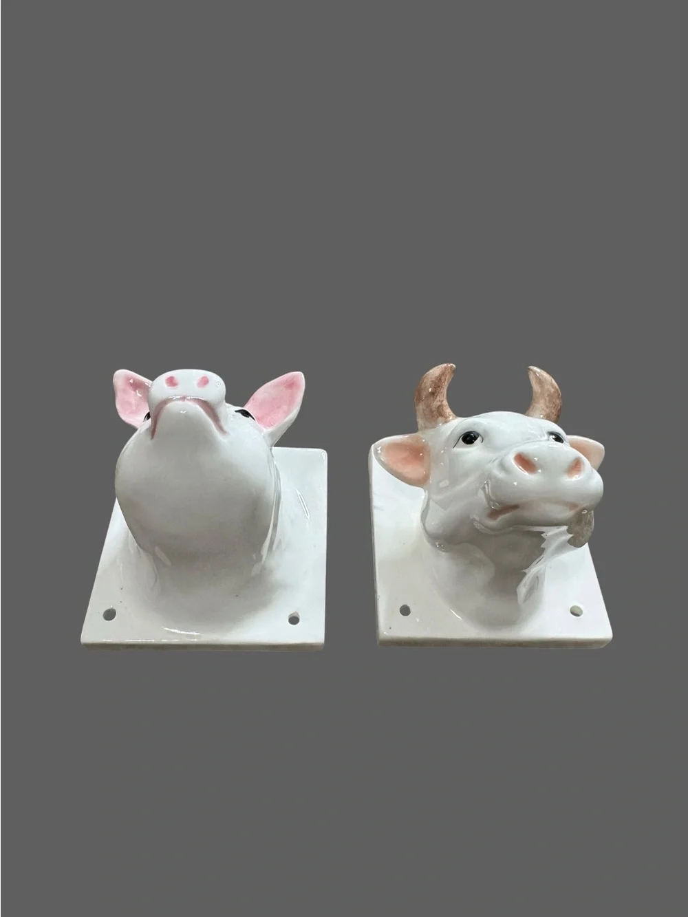 Ceramic Pig and Cow Wall Hooks - White and Pink Home Wall Decor